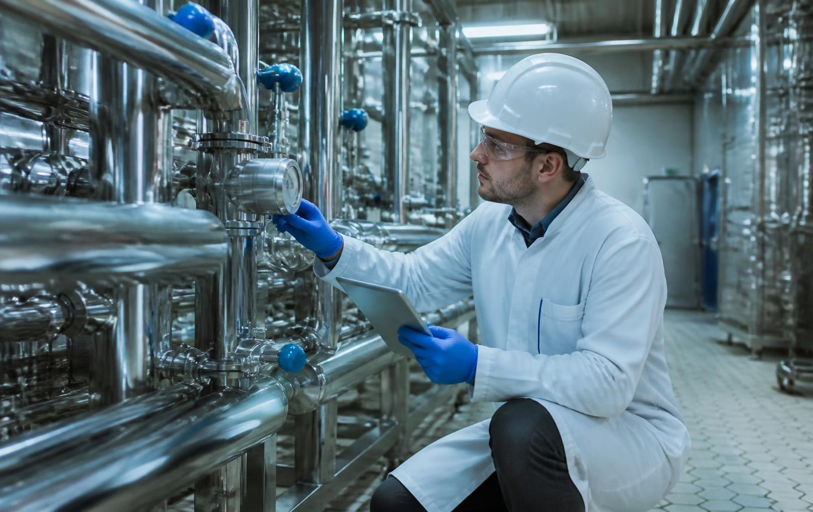 Engineer inspecting stainless steel process piping
